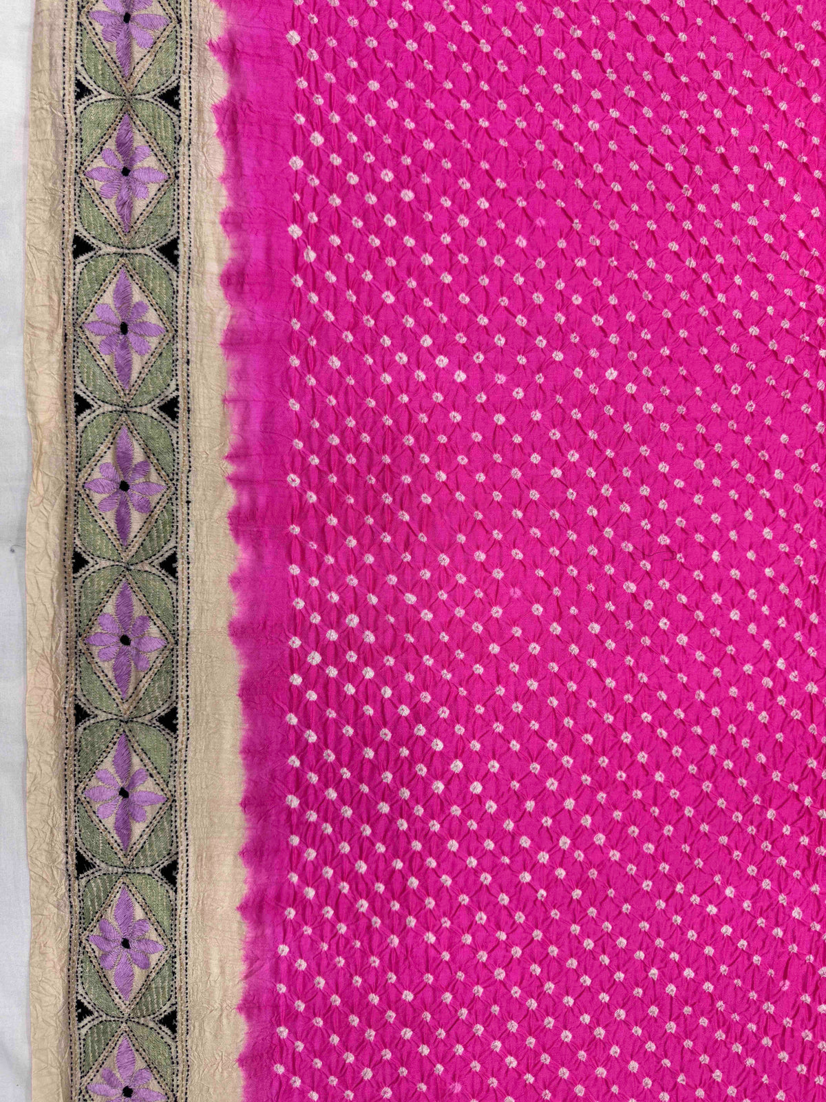 Cream & Pink Muga Silk with Kantha Work Border Pallu Bandhani Saree