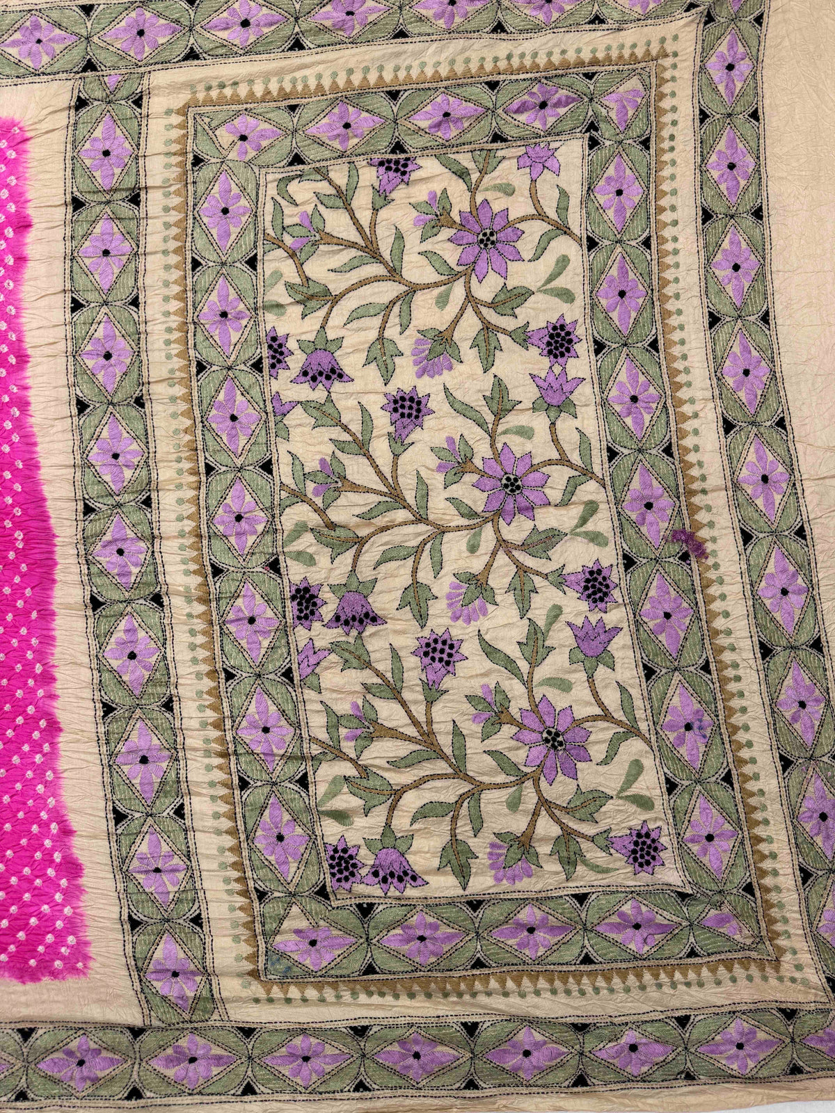 Cream & Pink Muga Silk with Kantha Work Border Pallu Bandhani Saree