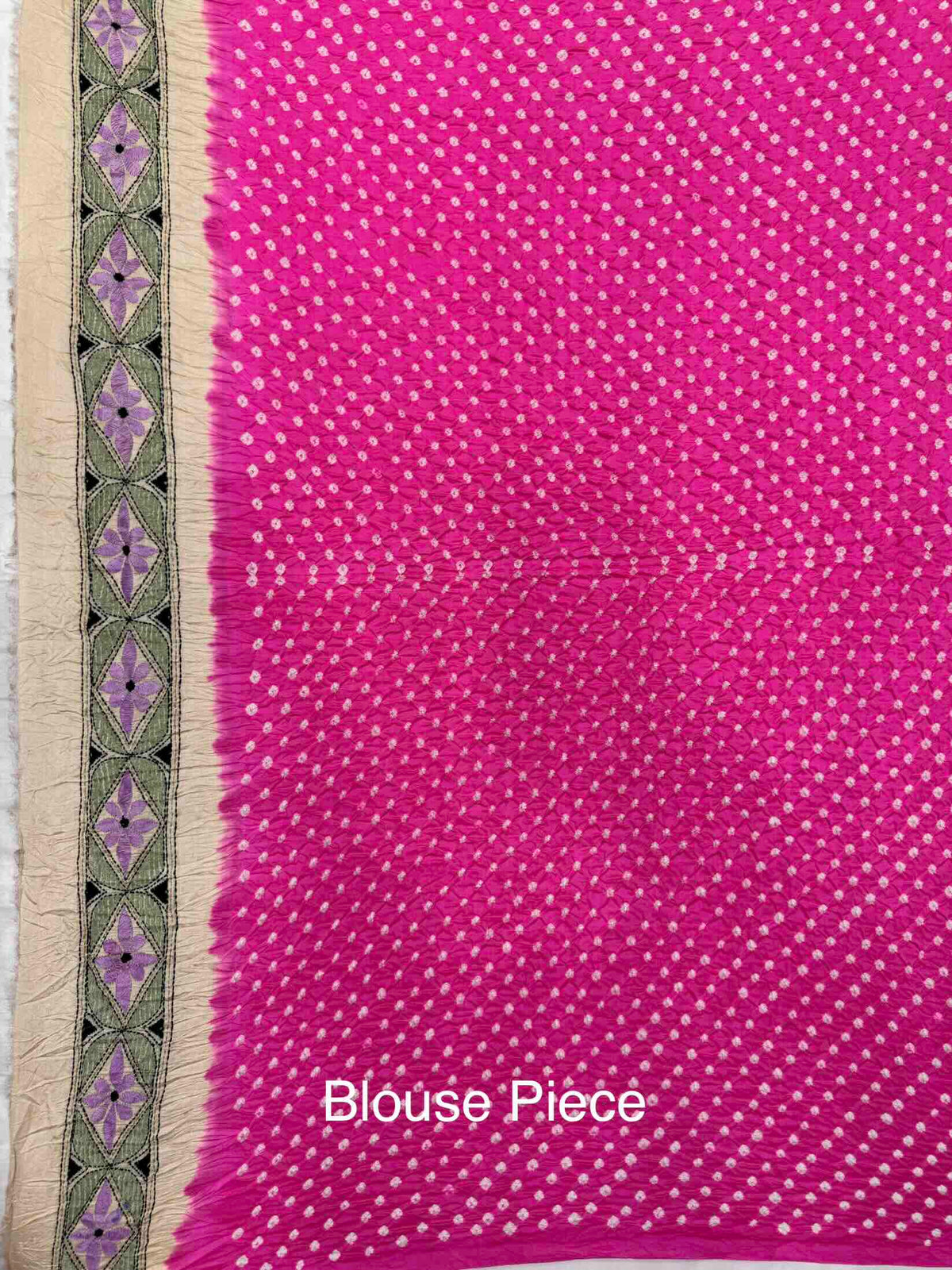 Cream & Pink Muga Silk with Kantha Work Border Pallu Bandhani Saree