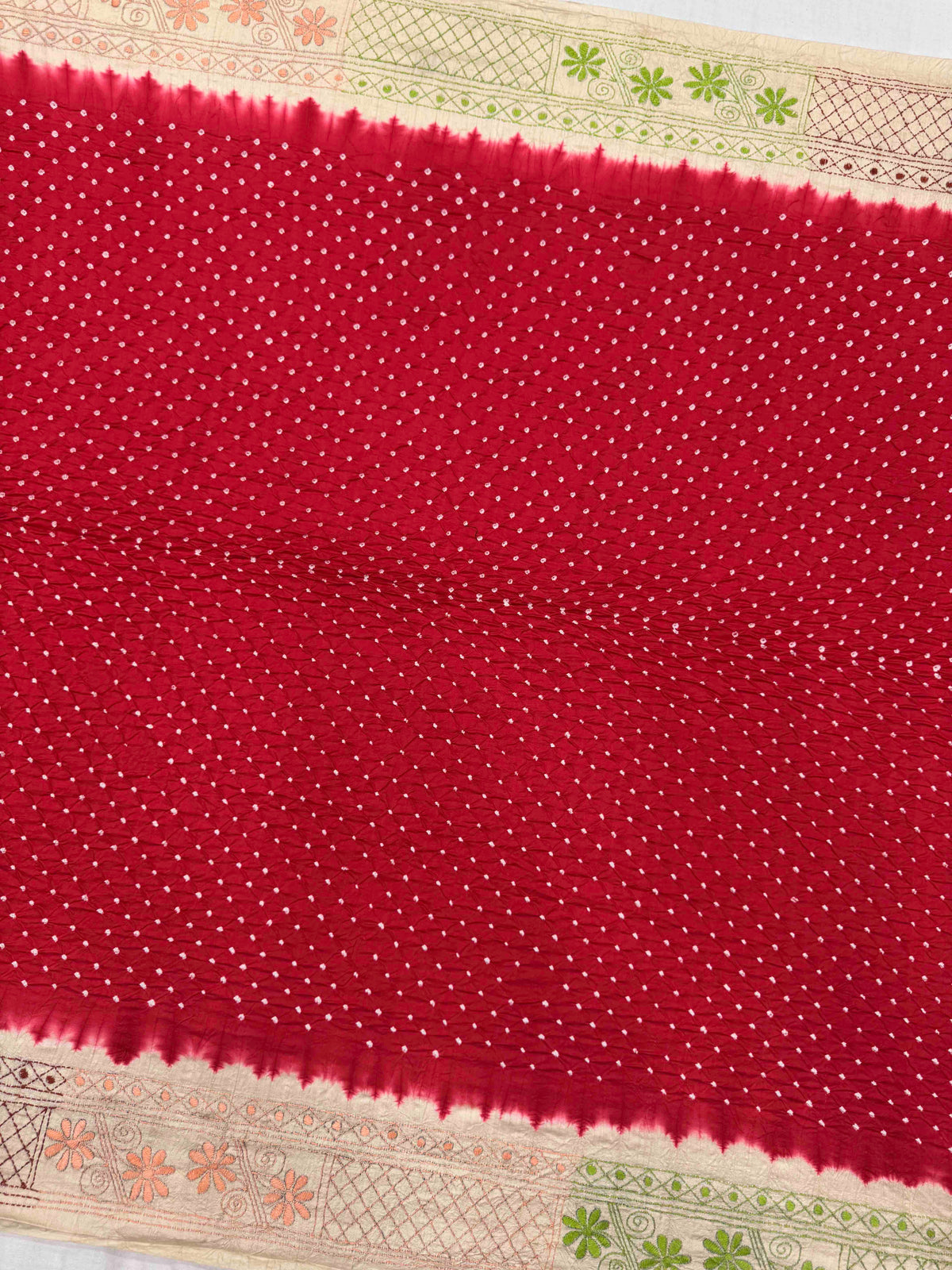 Cream & Red Muga Silk with Kantha Work Border Pallu Bandhani Saree