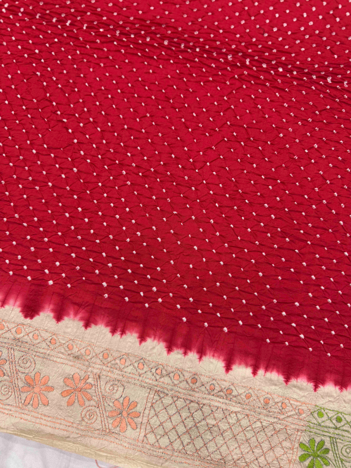 Cream & Red Muga Silk with Kantha Work Border Pallu Bandhani Saree
