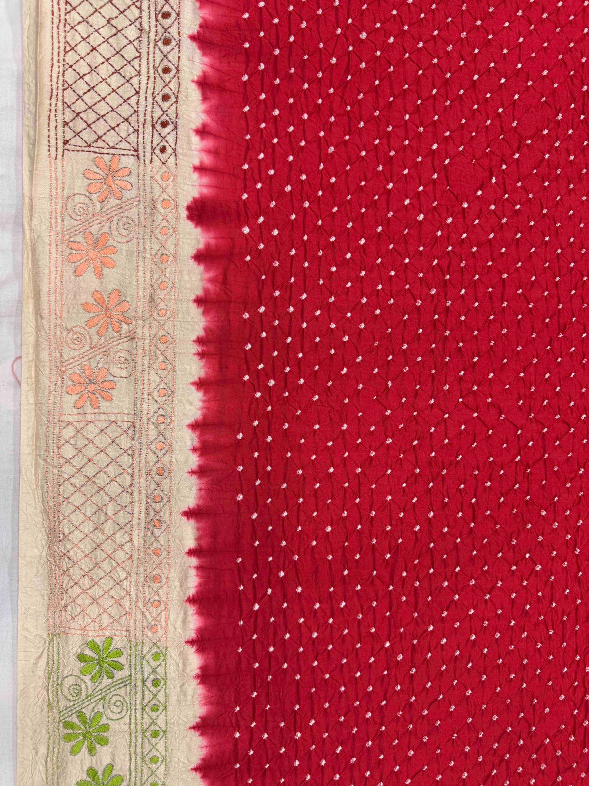 Cream & Red Muga Silk with Kantha Work Border Pallu Bandhani Saree
