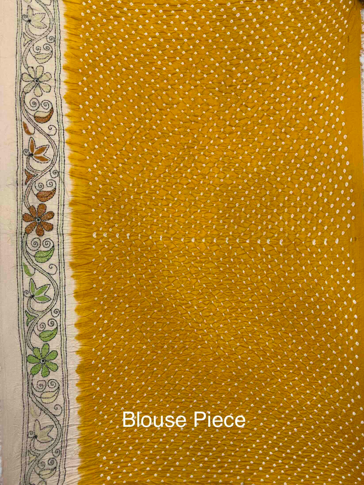 Cream & Yellow Muga Silk with Kantha Work Border Pallu Bandhani Saree