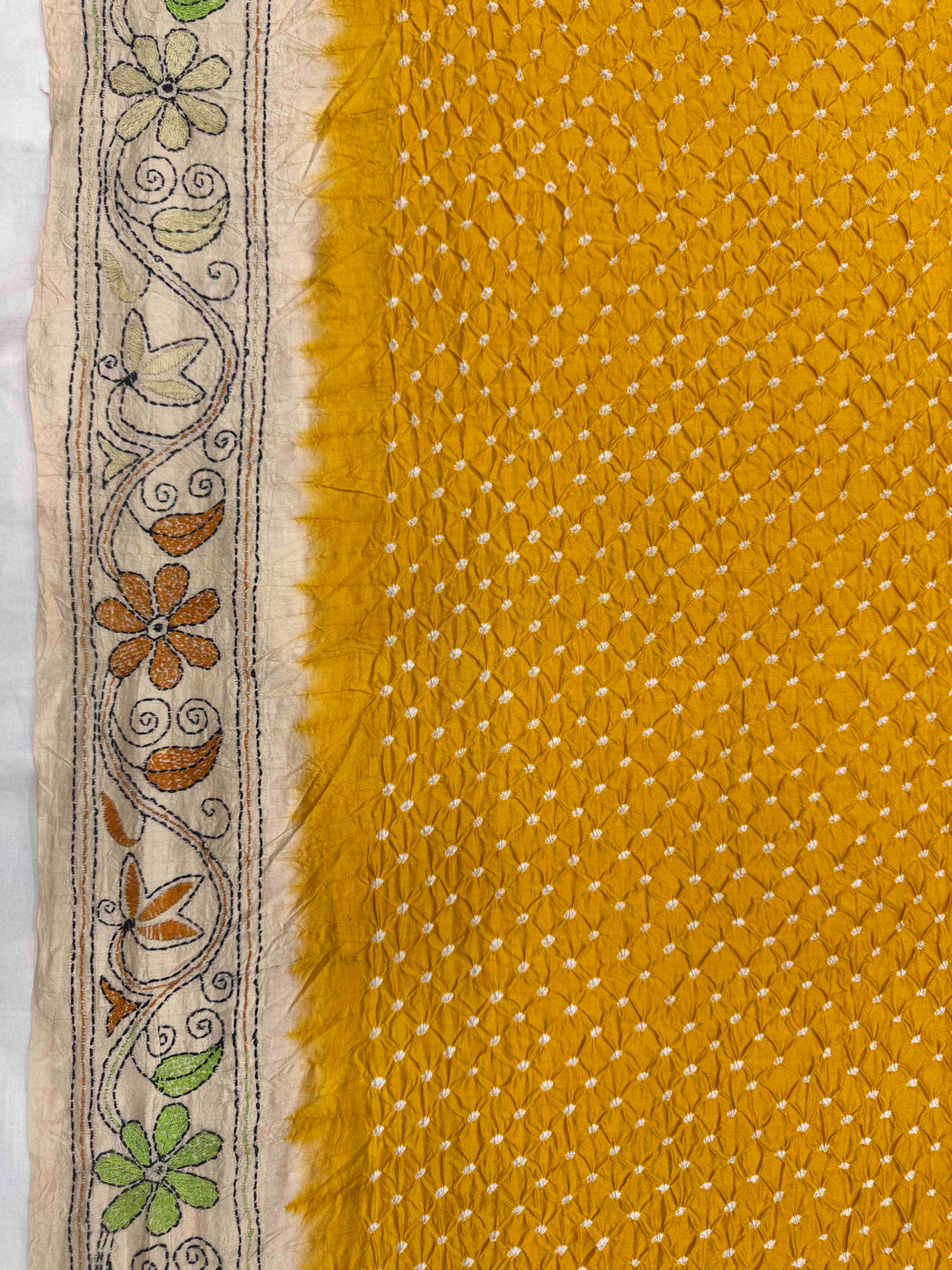 Cream & Yellow Muga Silk with Kantha Work Border Pallu Bandhani Saree