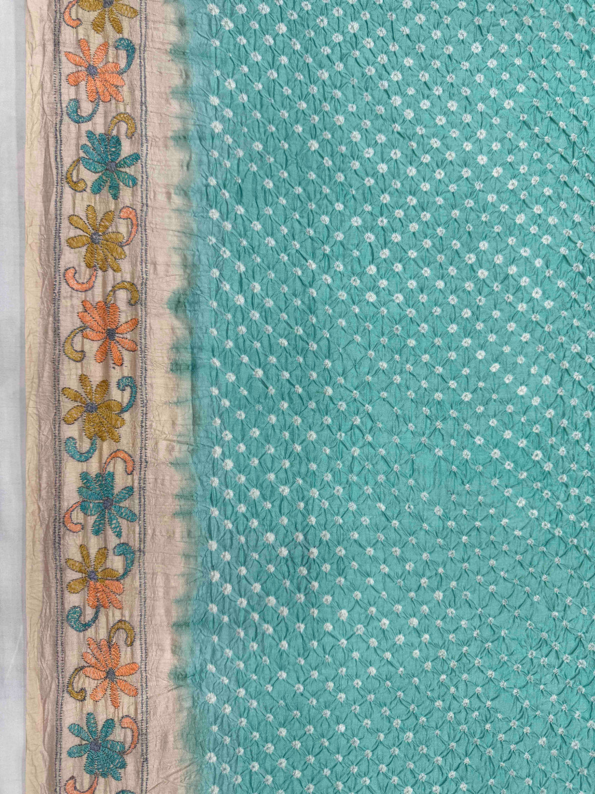 Cream & Sky Blue Muga Silk with Kantha Work Border Pallu Bandhani Saree