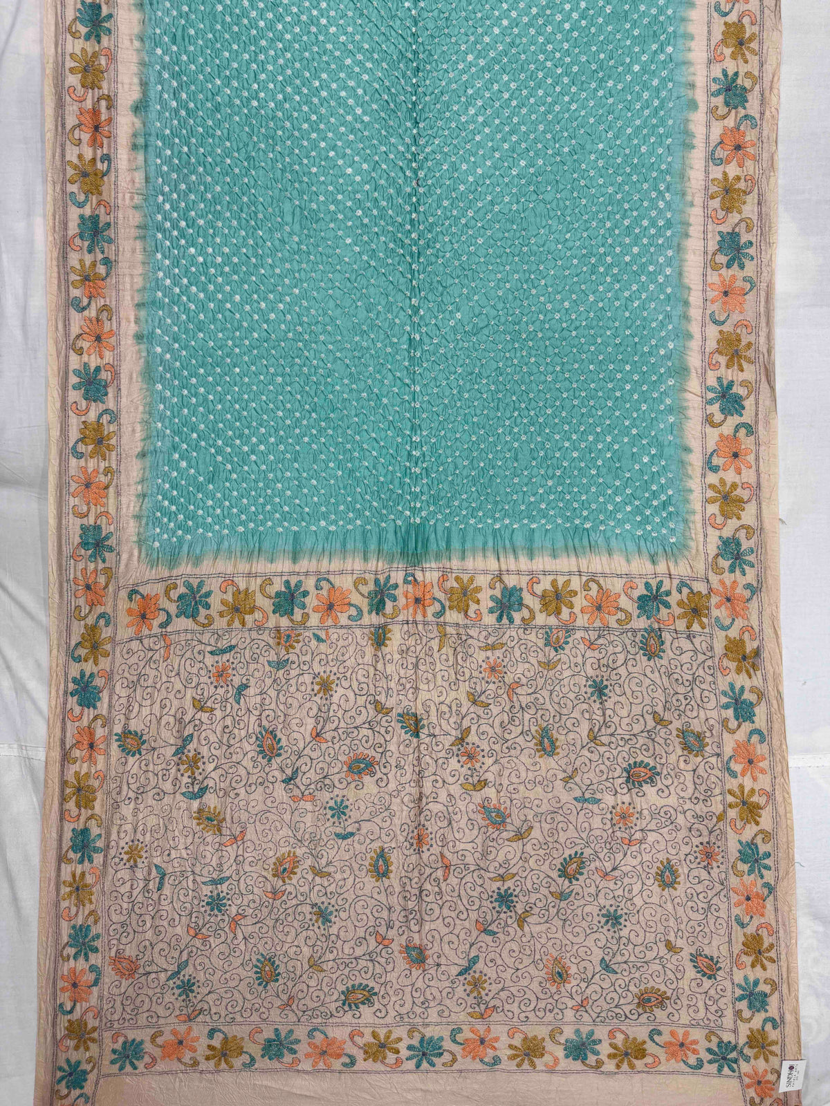 Cream & Sky Blue Muga Silk with Kantha Work Border Pallu Bandhani Saree