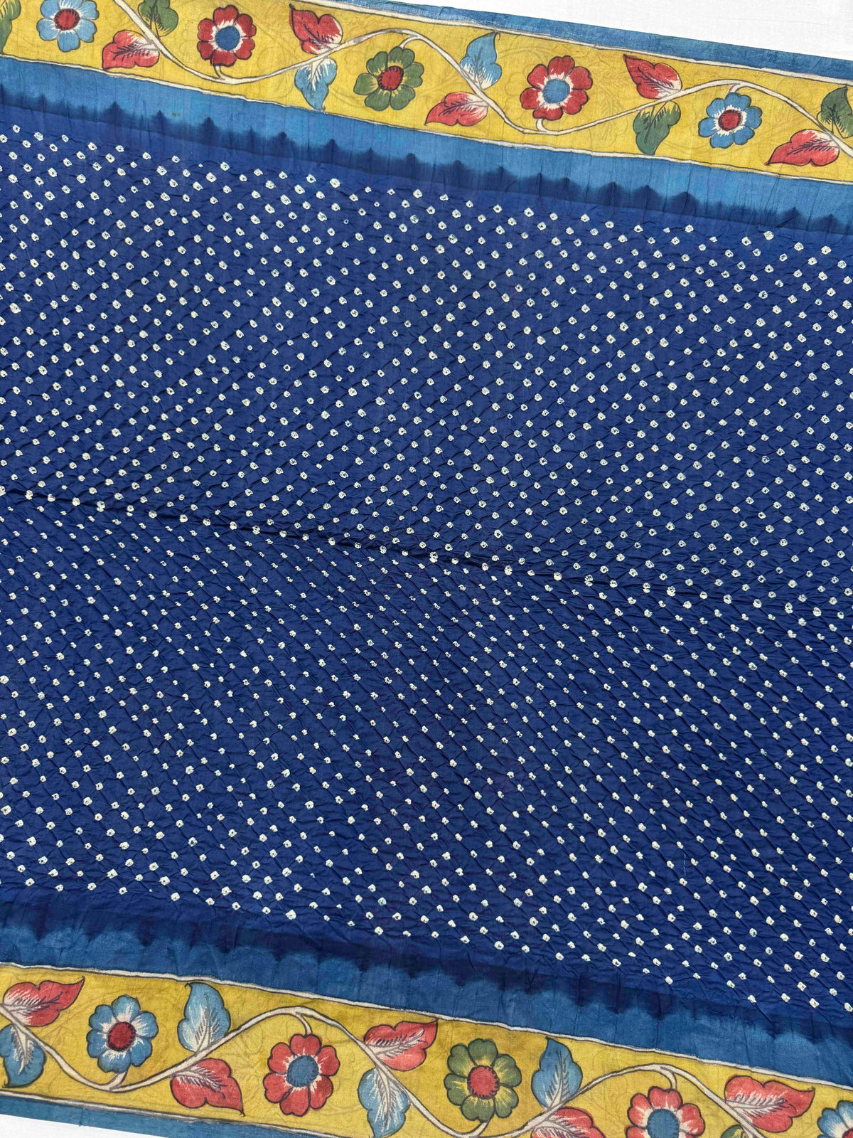 Greyish Blue & Dark Blue Muga Silk Pen Kamalkari Bandhani Saree