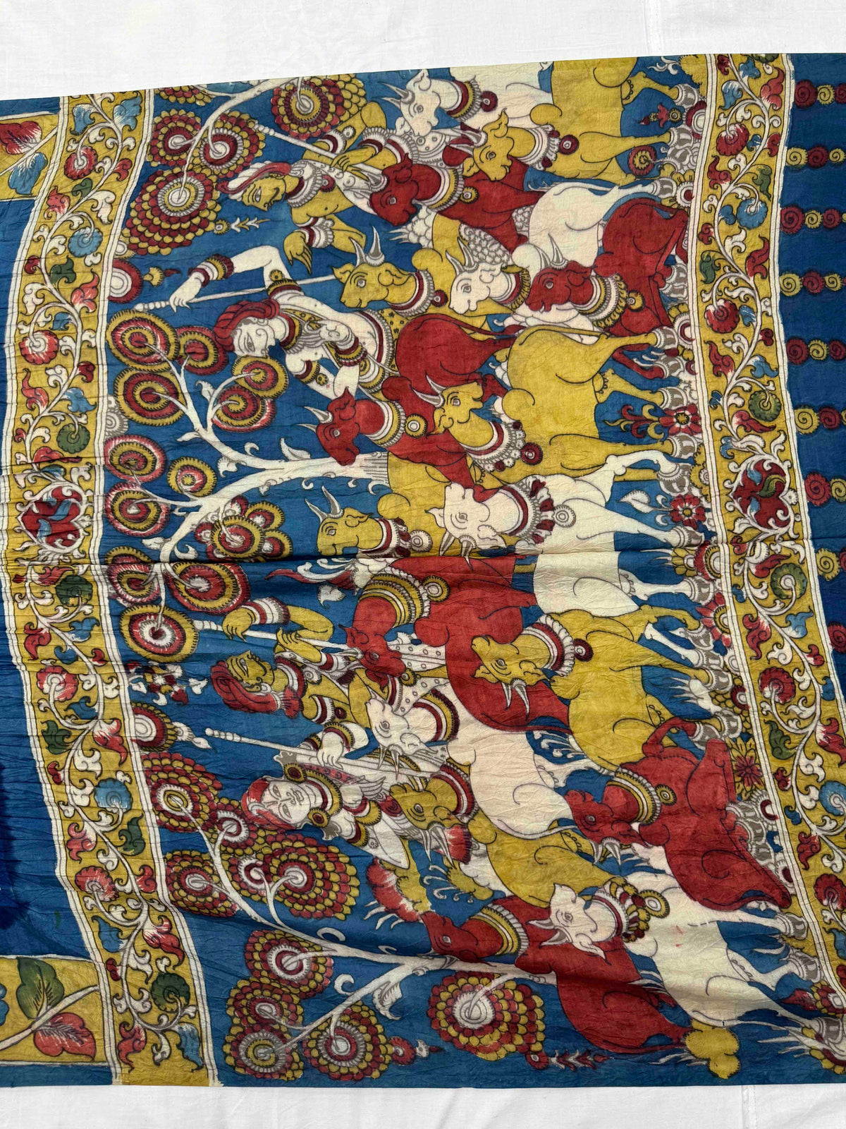 Greyish Blue & Dark Blue Muga Silk Pen Kamalkari Bandhani Saree