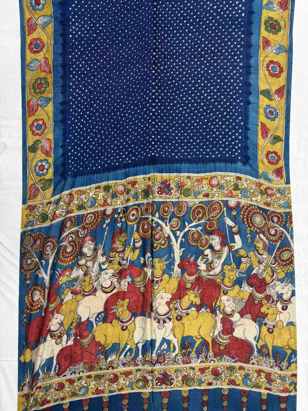 Greyish Blue & Dark Blue Muga Silk Pen Kamalkari Bandhani Saree
