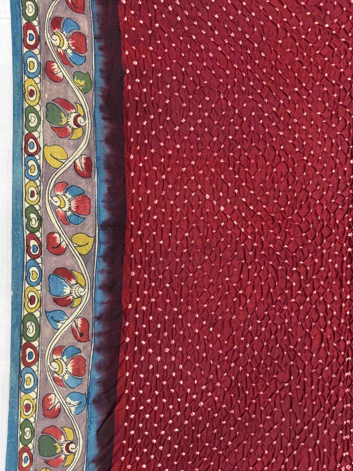 Greyish Blue & Maroon Muga Silk Pen Kamalkari Bandhani Saree