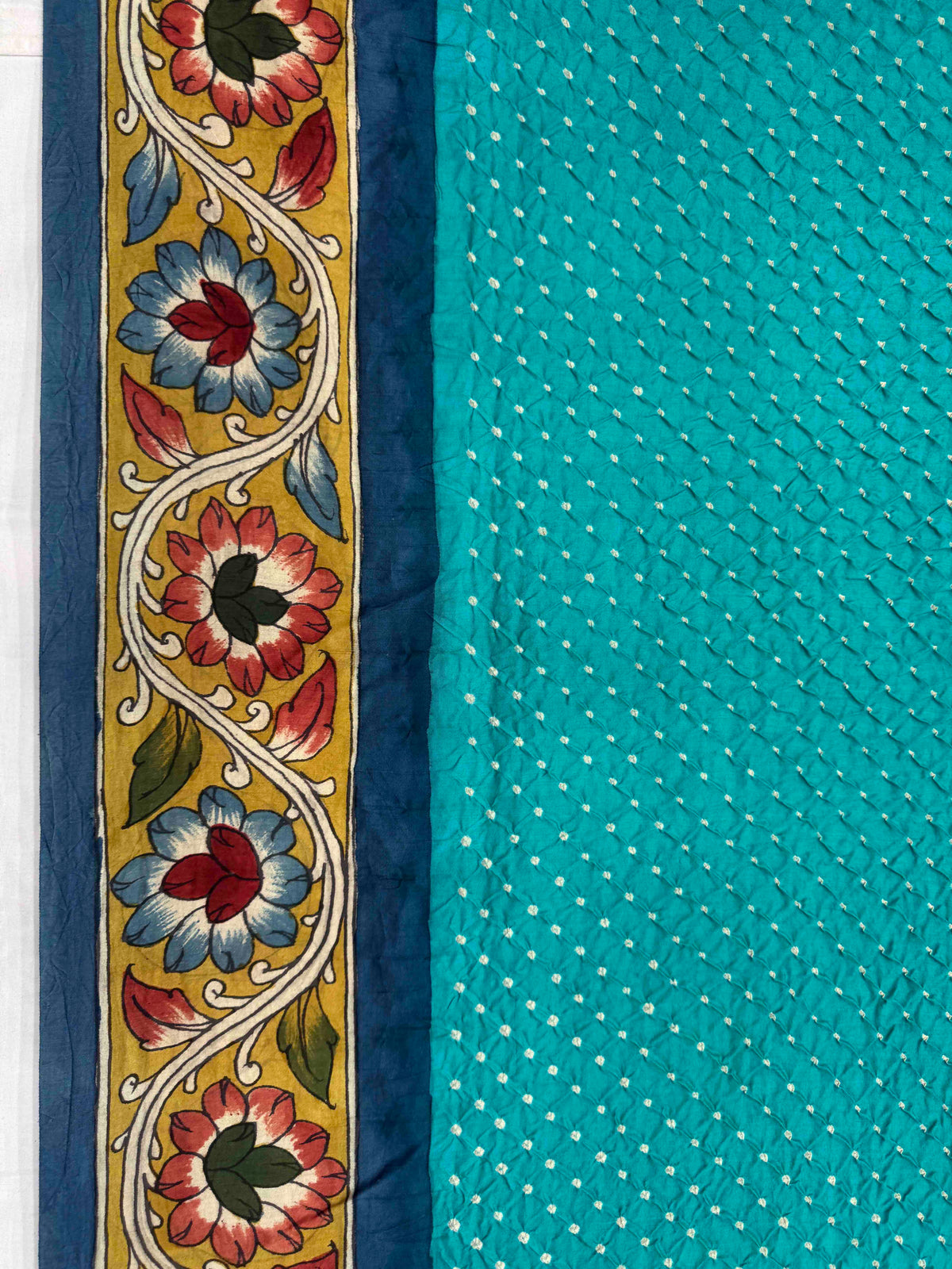 Greyish Blue and Sky Blue Muga Silk Pen Kamalkari Bandhani Saree
