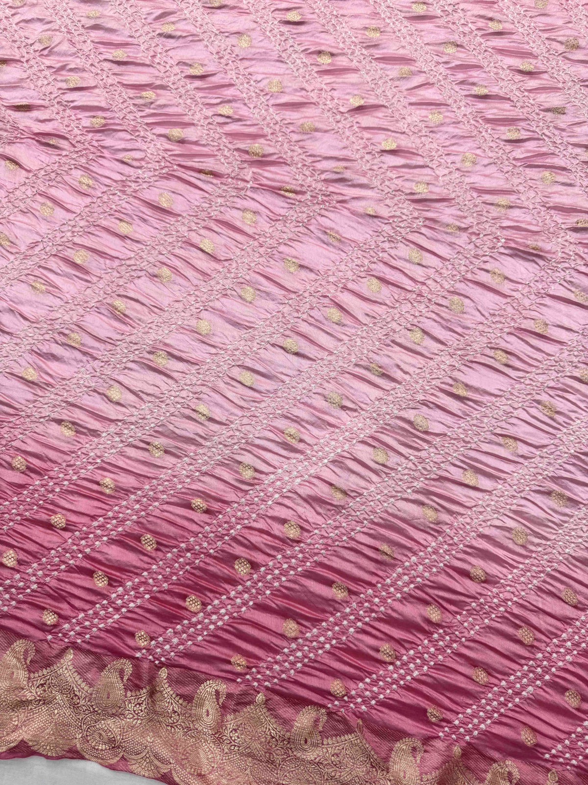 Peach Pink Shaded Katan Silk Bandhani Saree