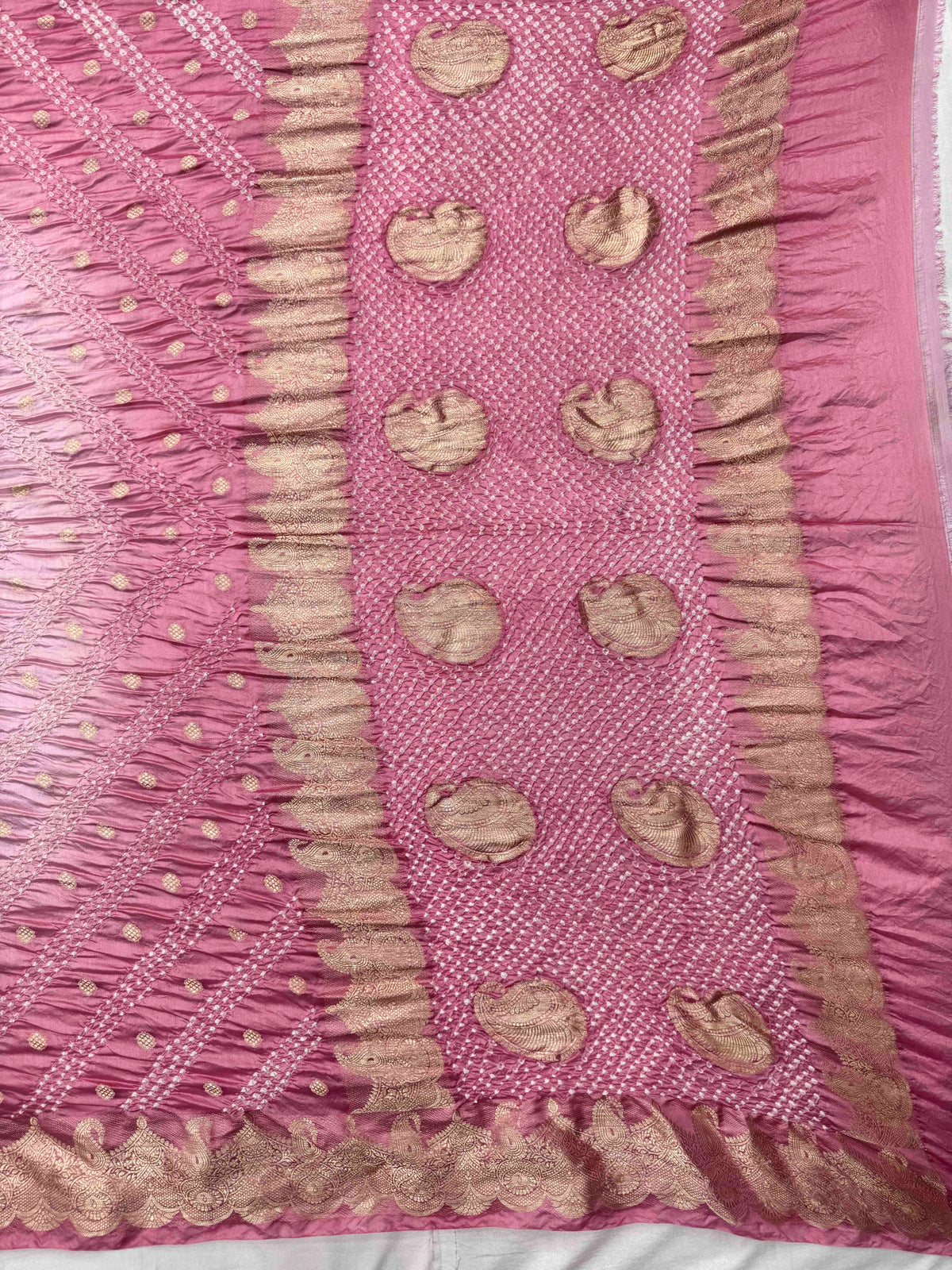 Peach Pink Shaded Katan Silk Bandhani Saree