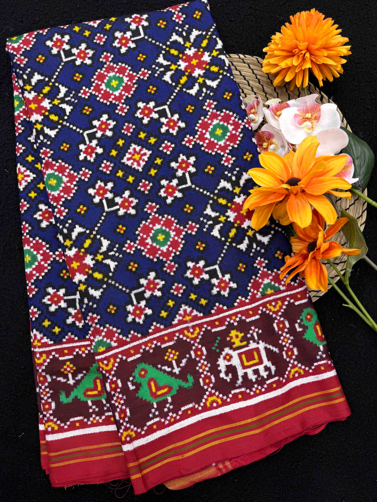 Red & Blue Navratan Double Ikat Patan Patola Saree