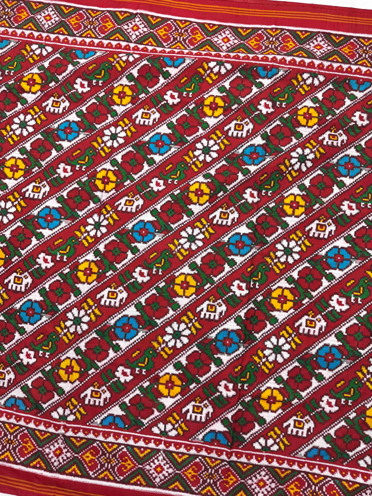 Red & White Fancy Flower Leheriya Double Ikat Patan Patola Saree