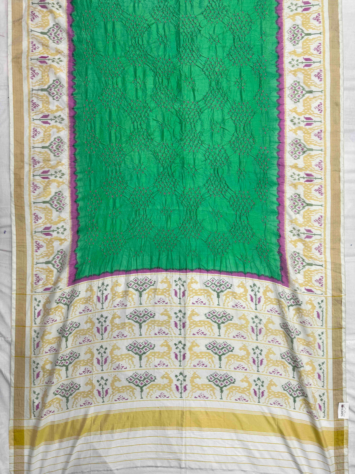 Off White & Light Green Single Ikat Bandhani Patola Saree