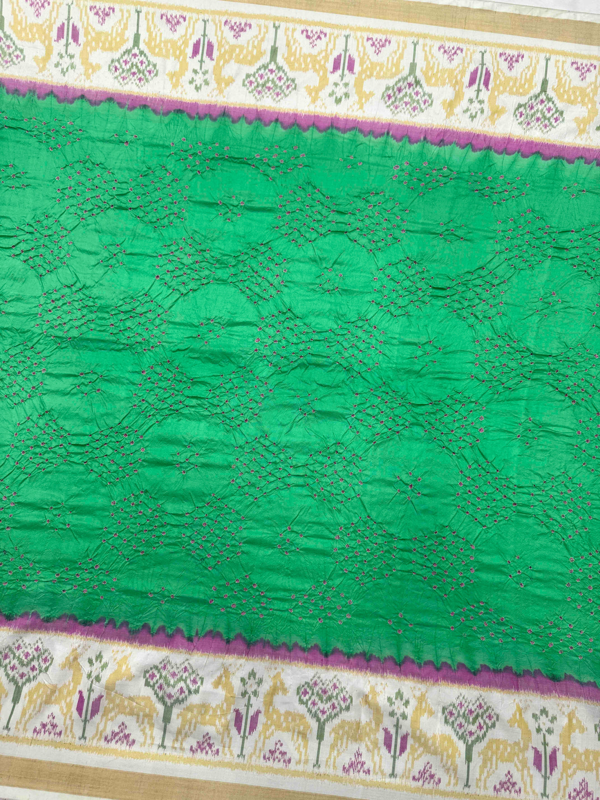 Off White & Light Green Single Ikat Bandhani Patola Saree