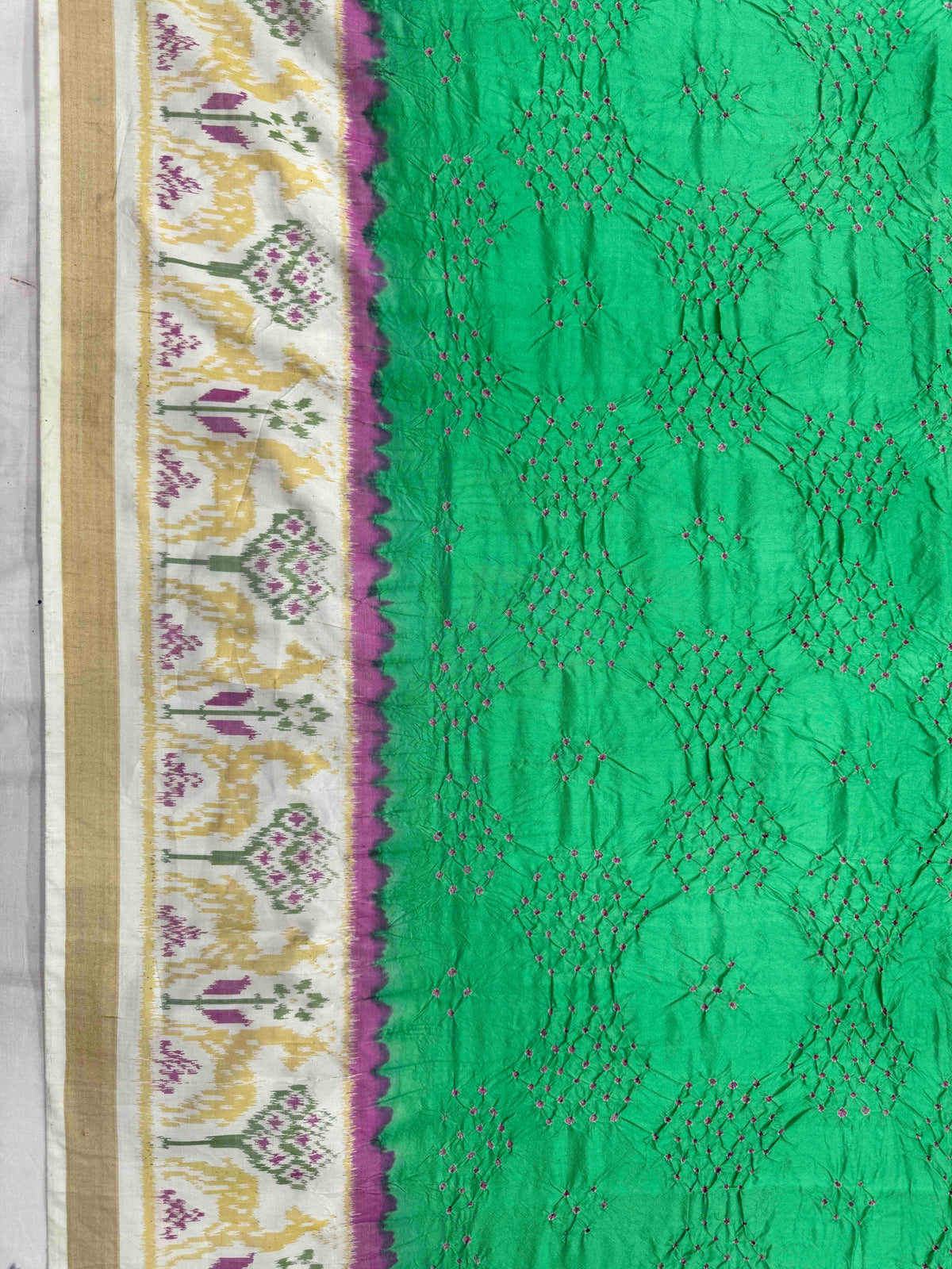Off White & Light Green Single Ikat Bandhani Patola Saree