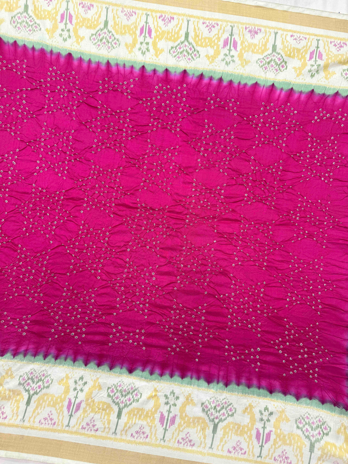 Off White & Dark Pink Single Ikat Bandhani Patola Saree