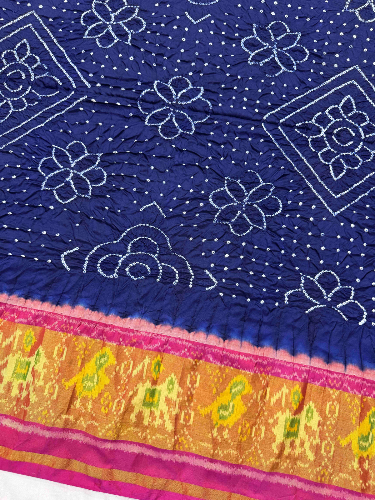 Pink & Dark Blue Single Ikat Bandhani Patola Saree
