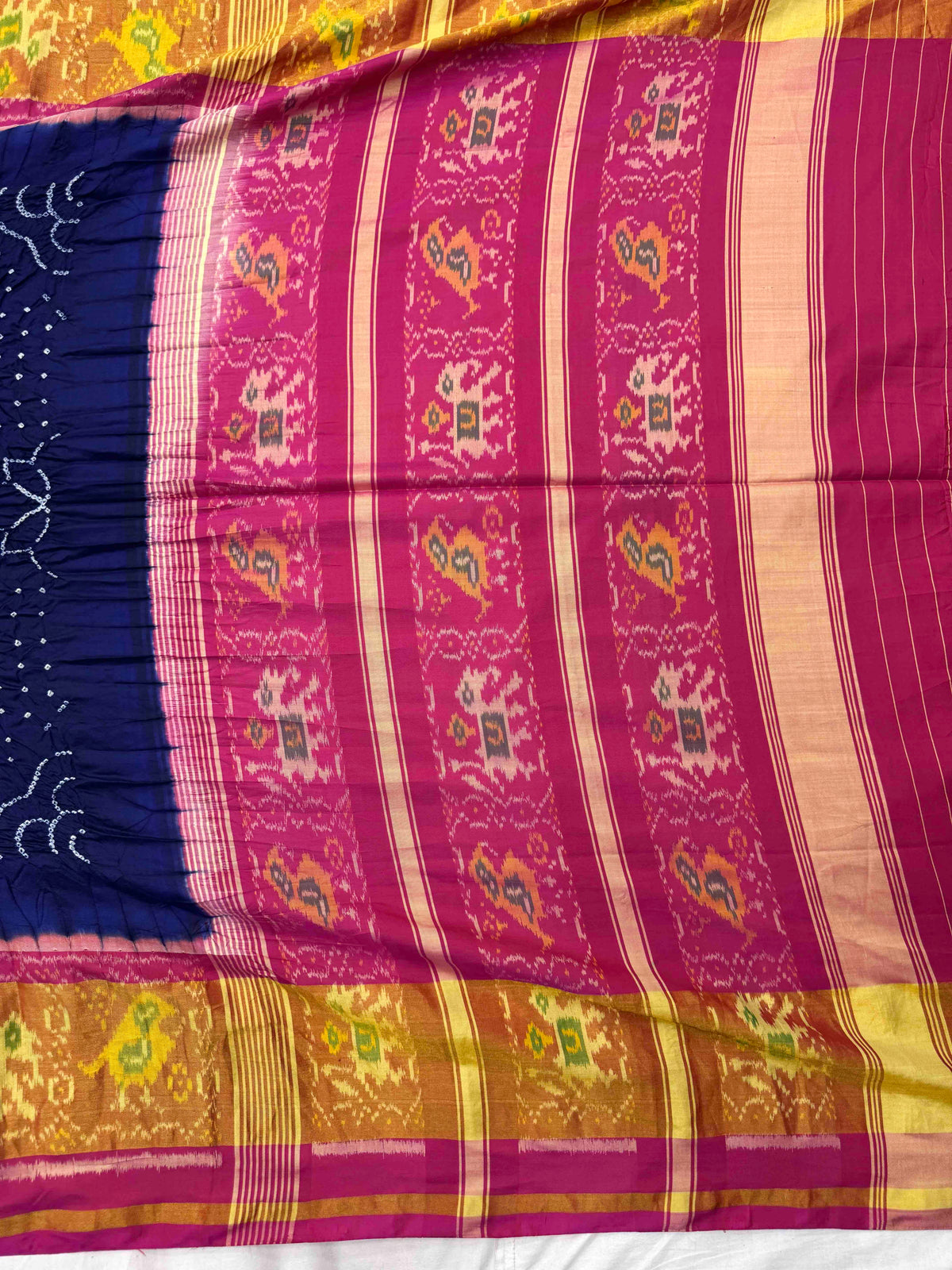 Pink & Dark Blue Single Ikat Bandhani Patola Saree