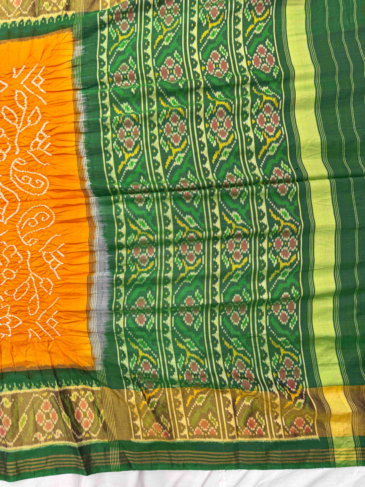 Green & Yellow Single Ikat Bandhani Patola Saree