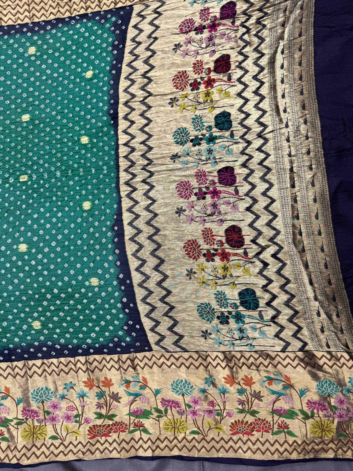 Dark Blue & Sea Green Kota Doria Paithani Bandhani Saree