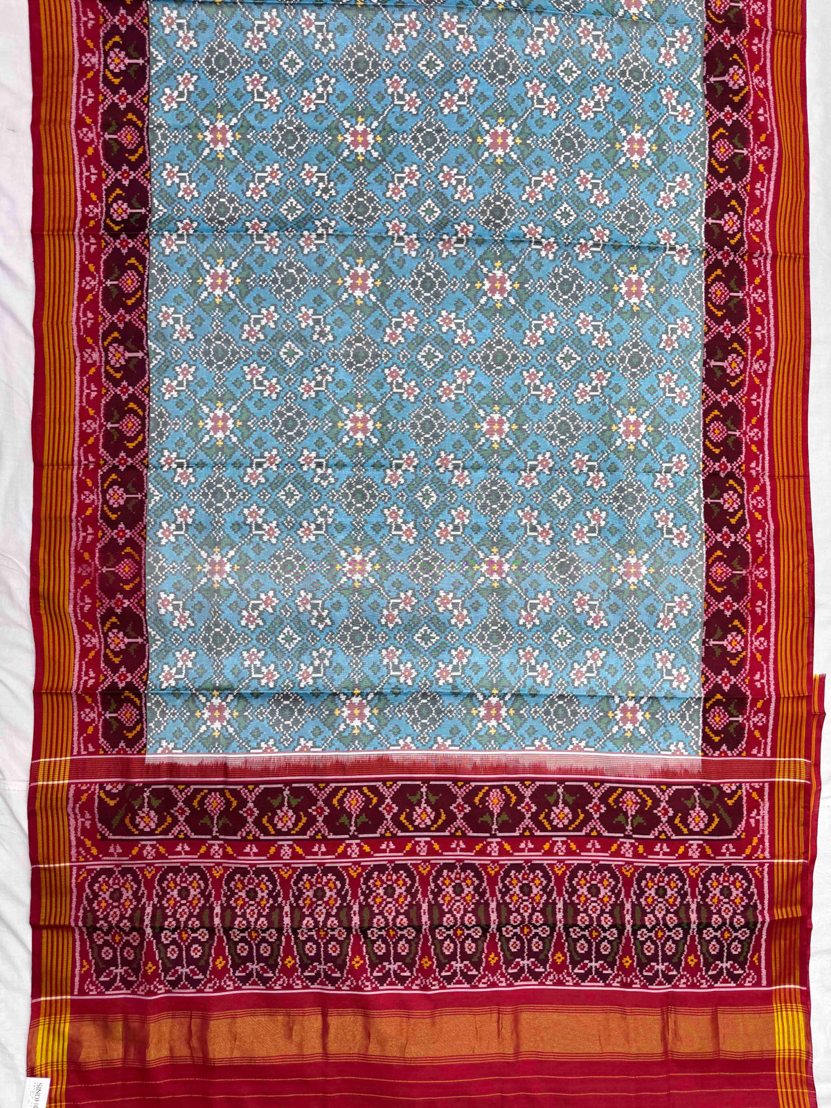Red & Sky Blue Navratan Single Ikat Patan Patola Saree