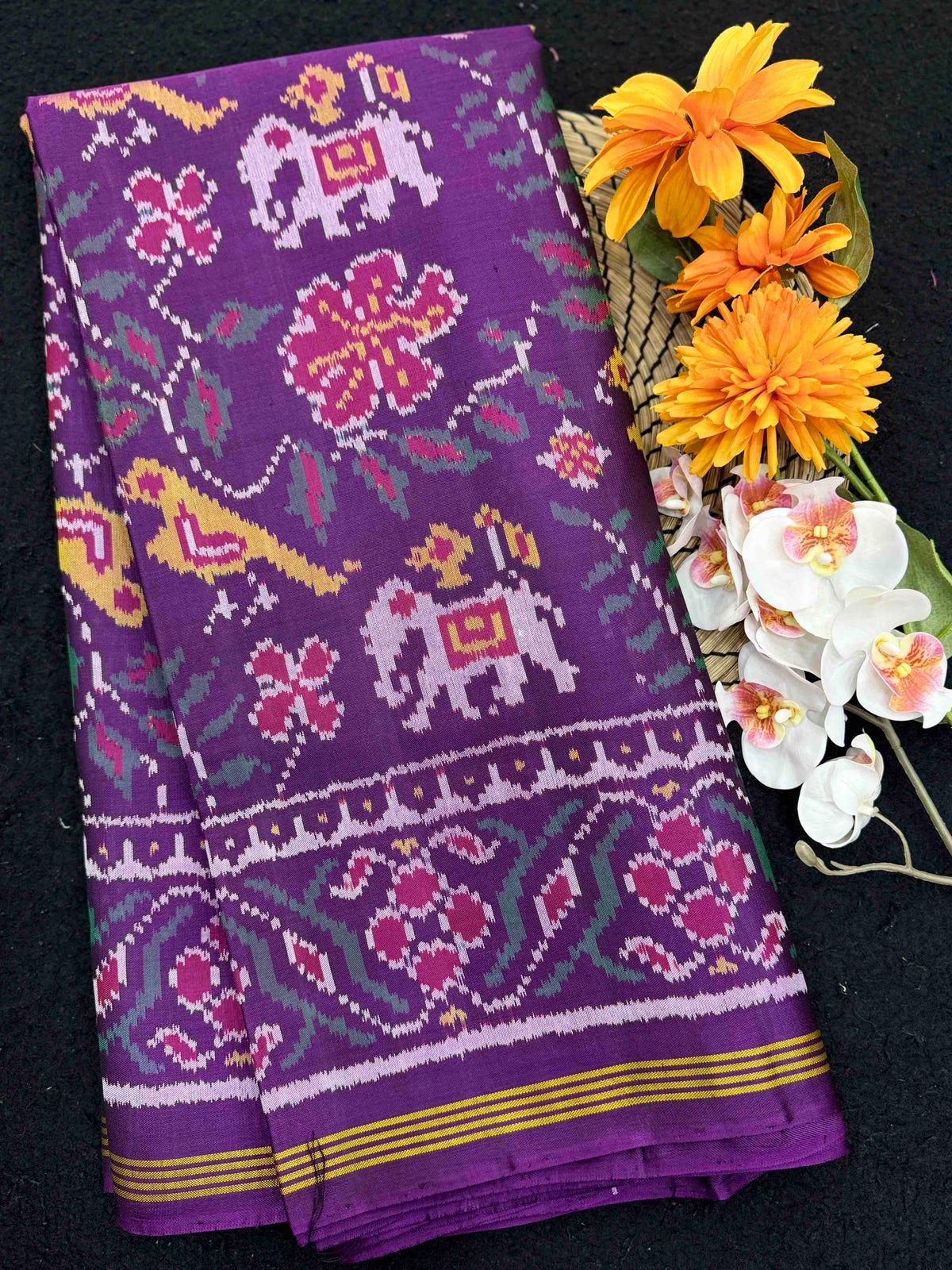 Purple Haathi Popat Leaves Single Ikat Patan Patola Saree