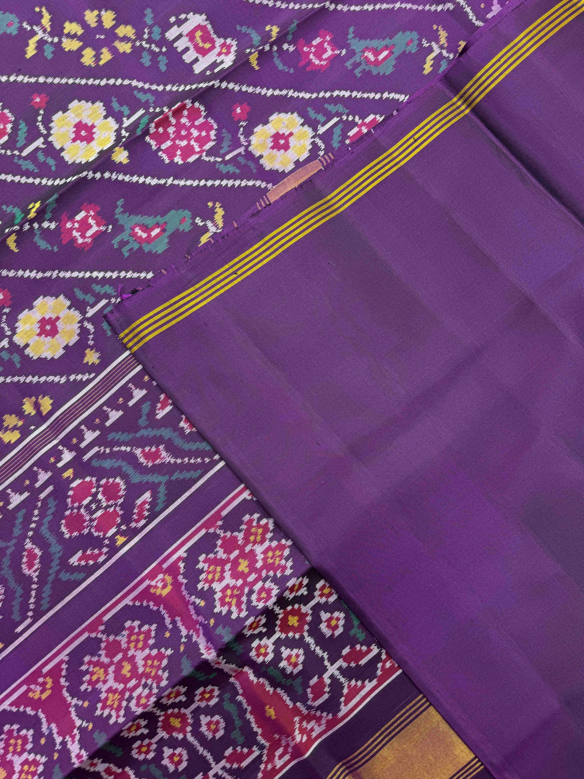 Purple Haathi Popat Fancy Flower Leheriya Single Ikat Patan Patola Saree