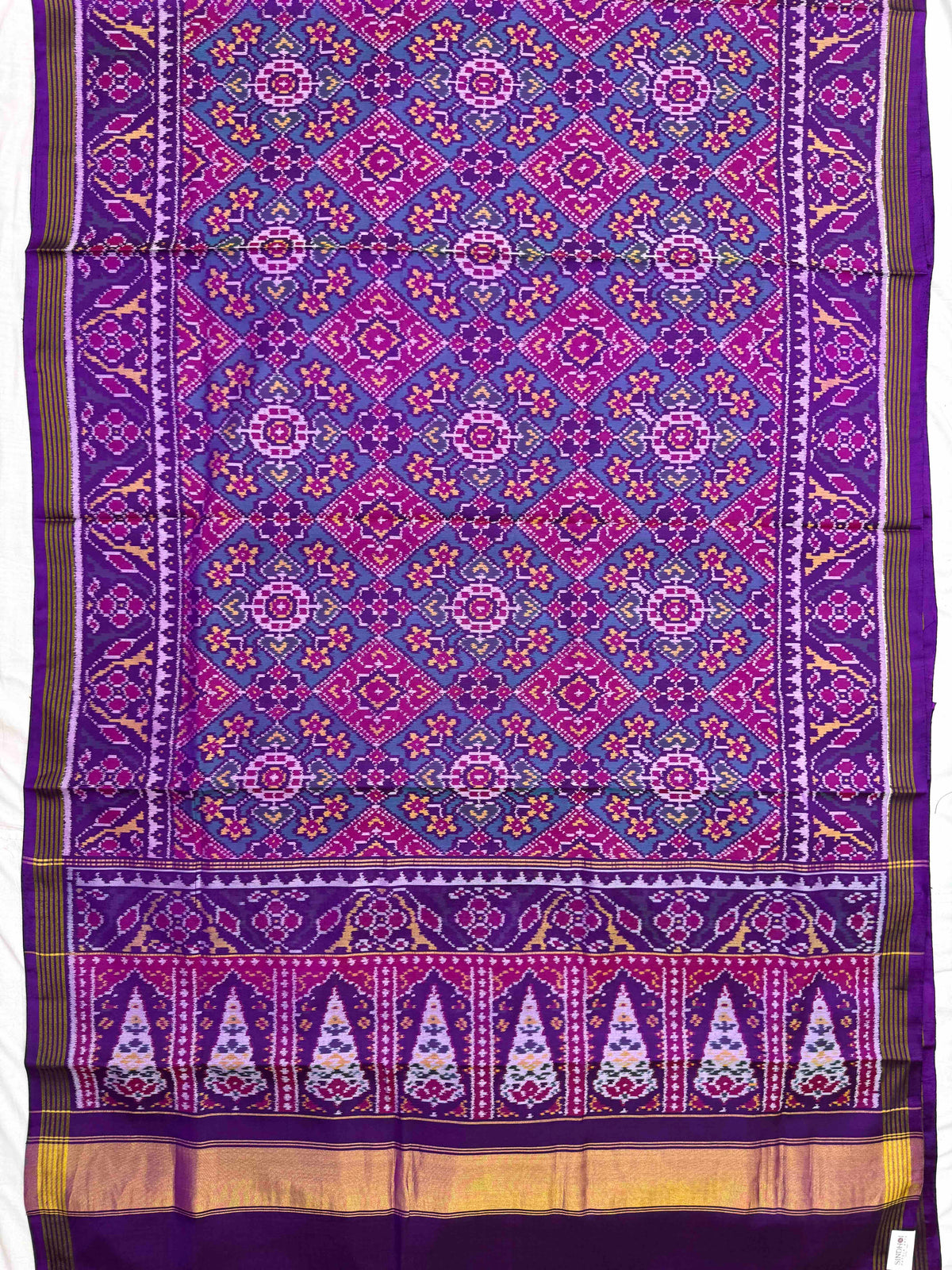 Purple & Turquoise Navratan Manekchowk Single Ikat Patan Patola Saree