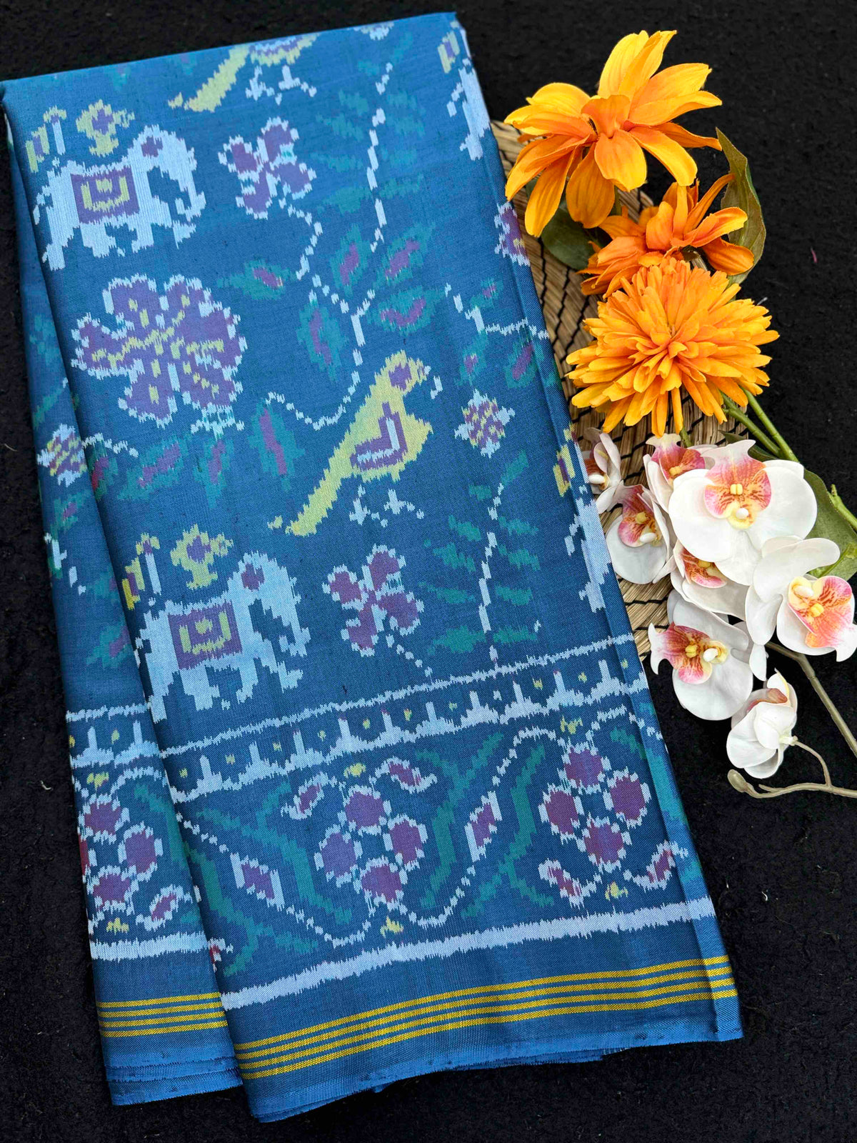 Turquoise Blue Fancy Narikunj Leaves Single Ikat Patan Patola Saree