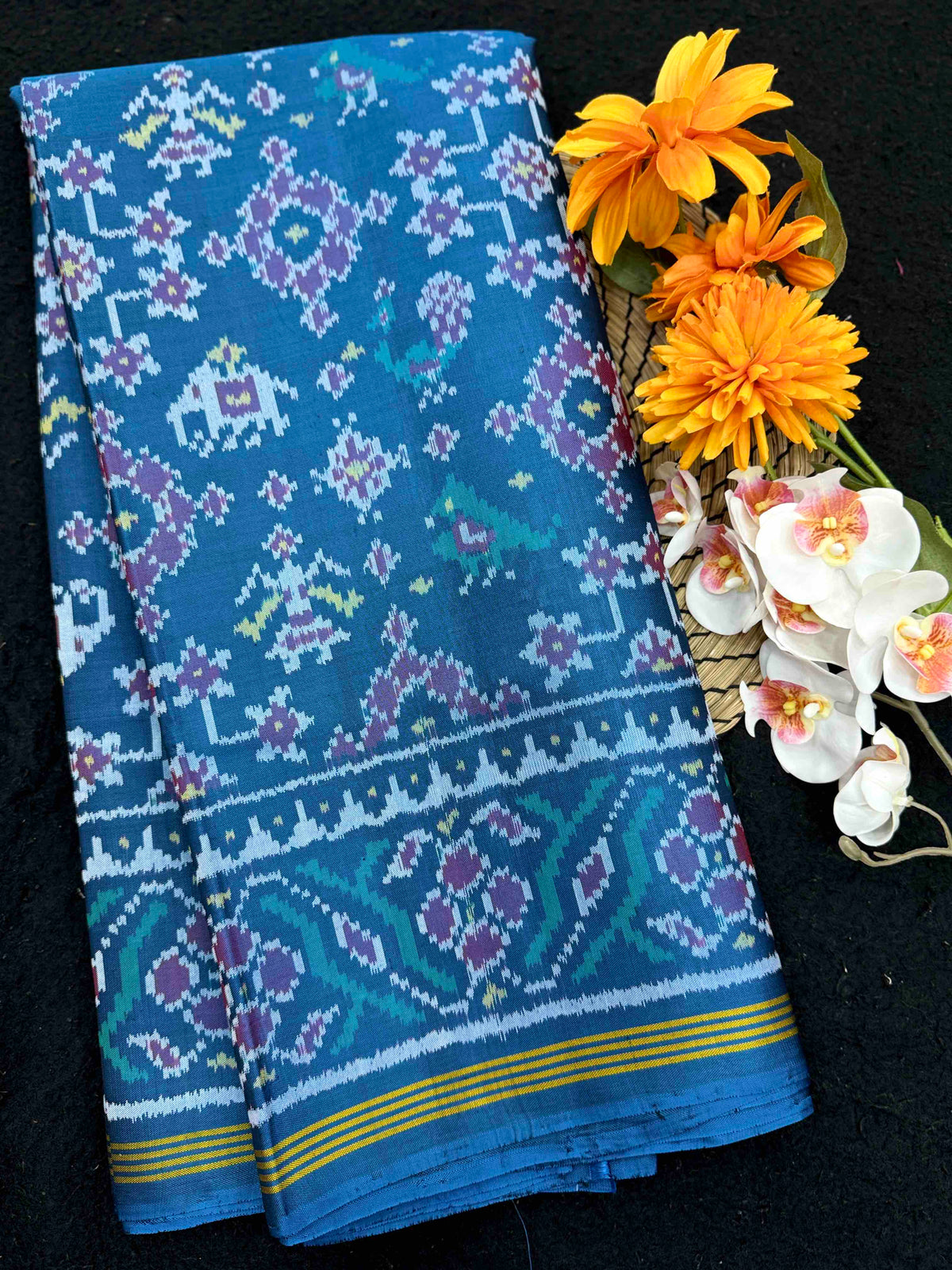 Turquoise Blue Navratan Narikunj Single Ikat Patan Patola Saree