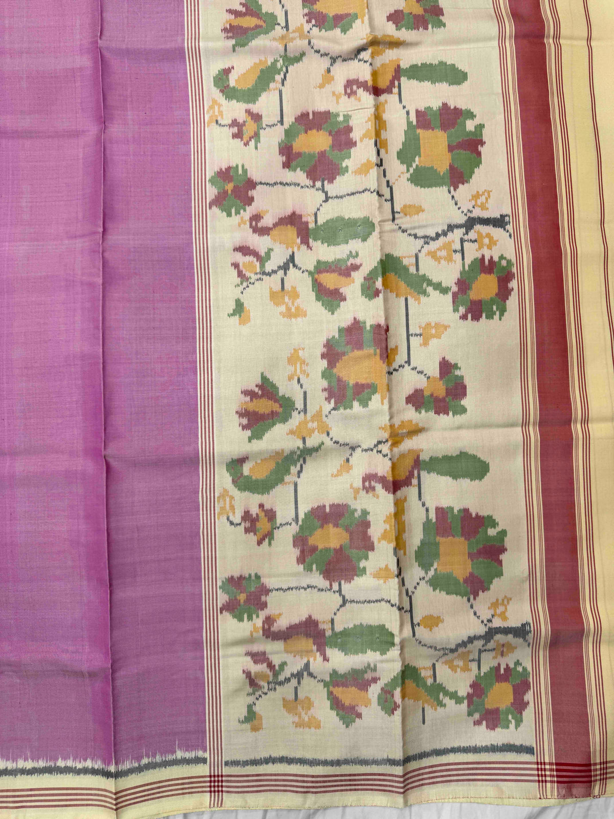 Off White & Pink Plain Single Ikat Patan Patola Saree