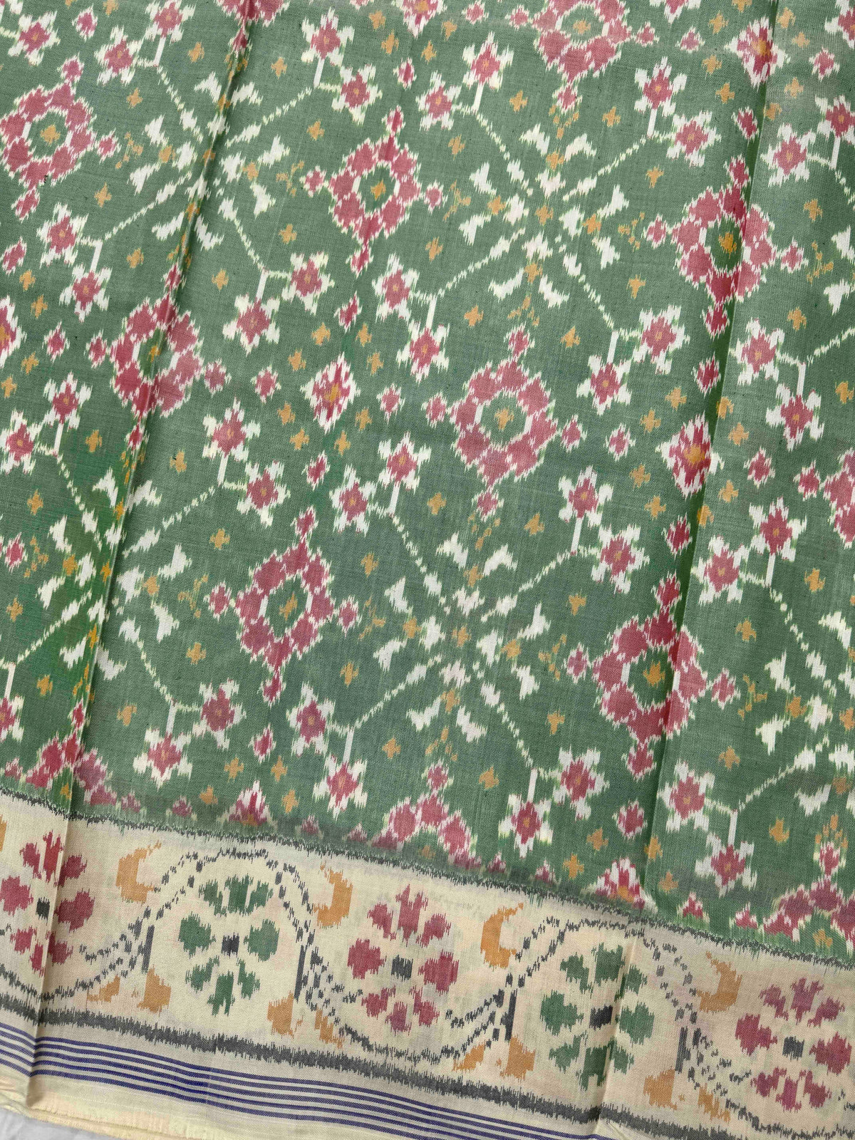 Off White & Light Green Navratan Single Ikat Patan Patola Saree
