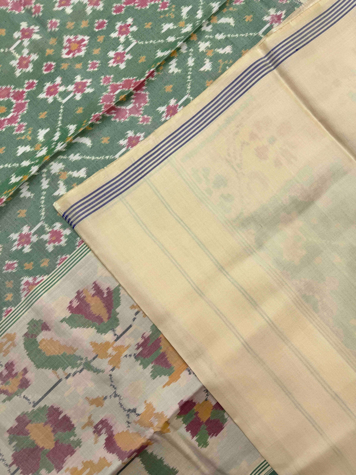 Off White & Light Green Navratan Single Ikat Patan Patola Saree