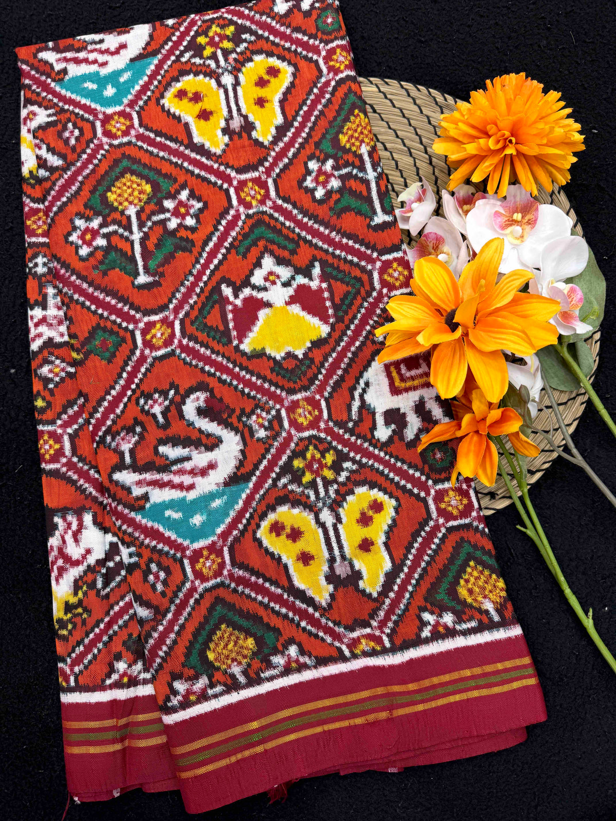 Red & Orange Narikunj Double Ikat Patan Patola Saree