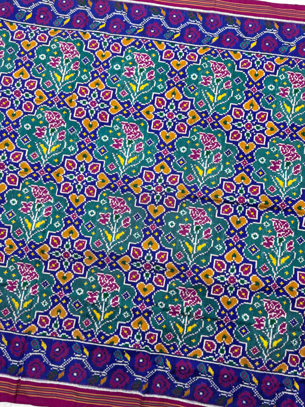 Pink & Turquoise Green Fancy Flower Double Ikat Patan Patola Saree