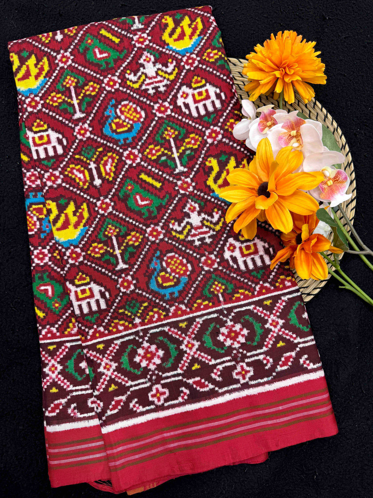 Red Small Narikunj Double Ikat Patan Patola Saree