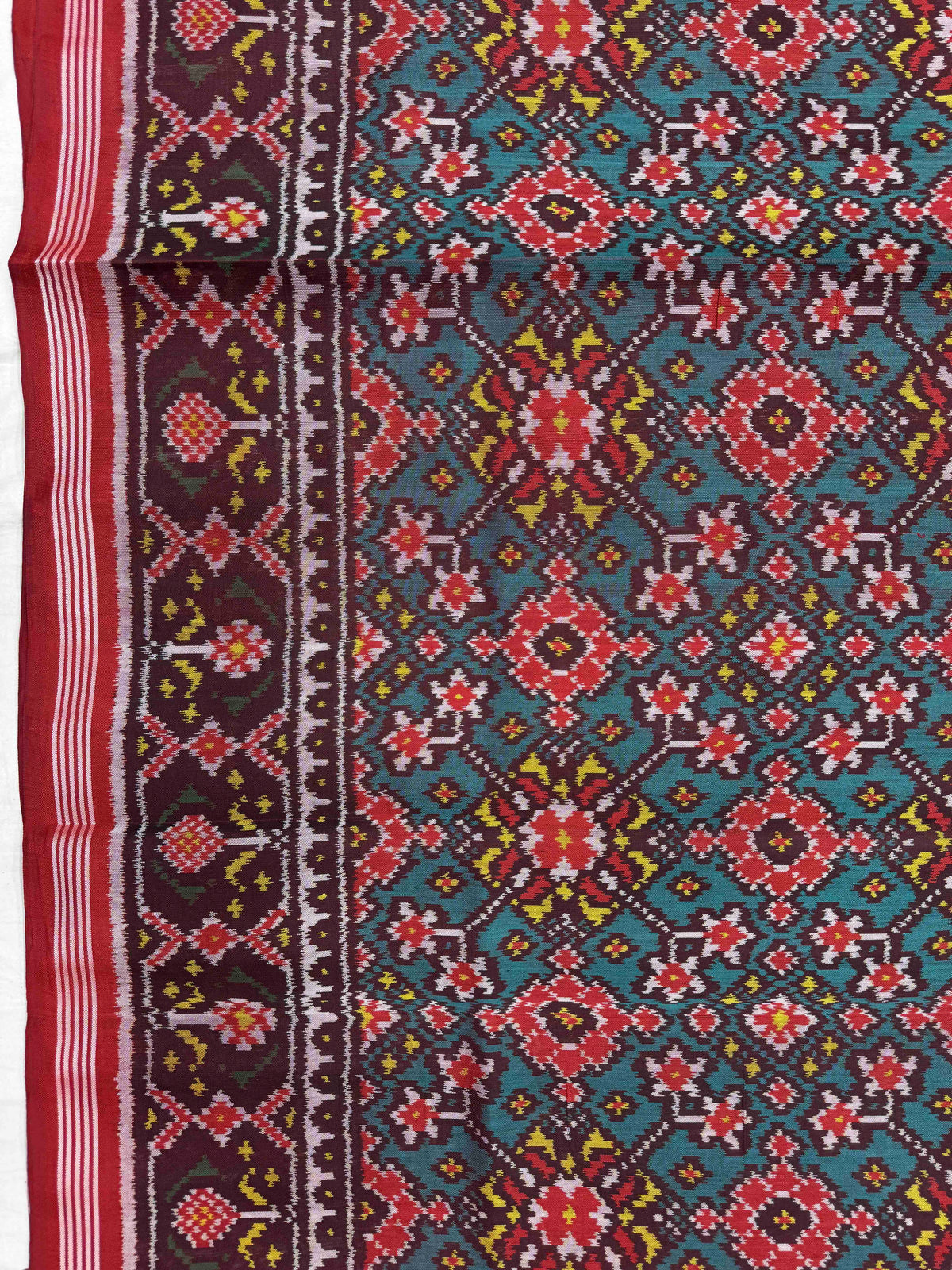 Red & Turquoise Navratan Single Ikat Patan Patola Saree