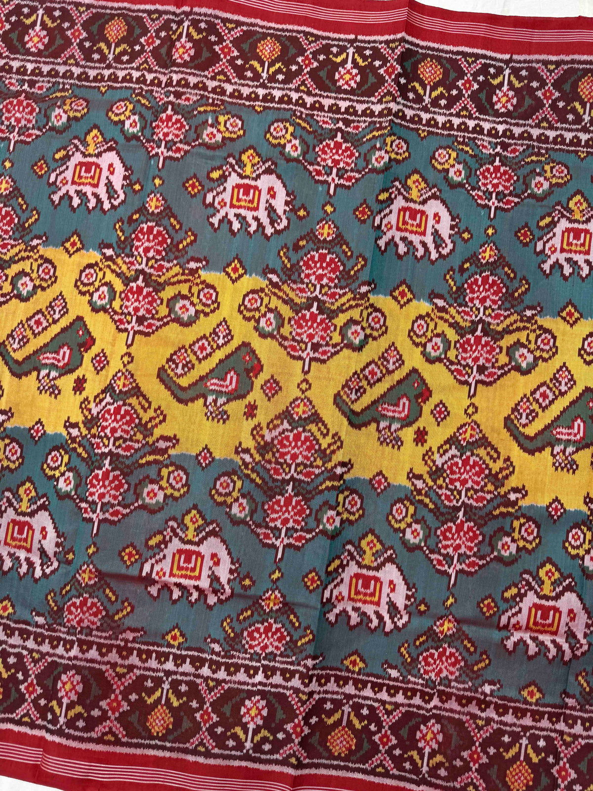 Red & Turquoise with Yellow Fancy Narikunj Single Ikat Patan Patola Saree
