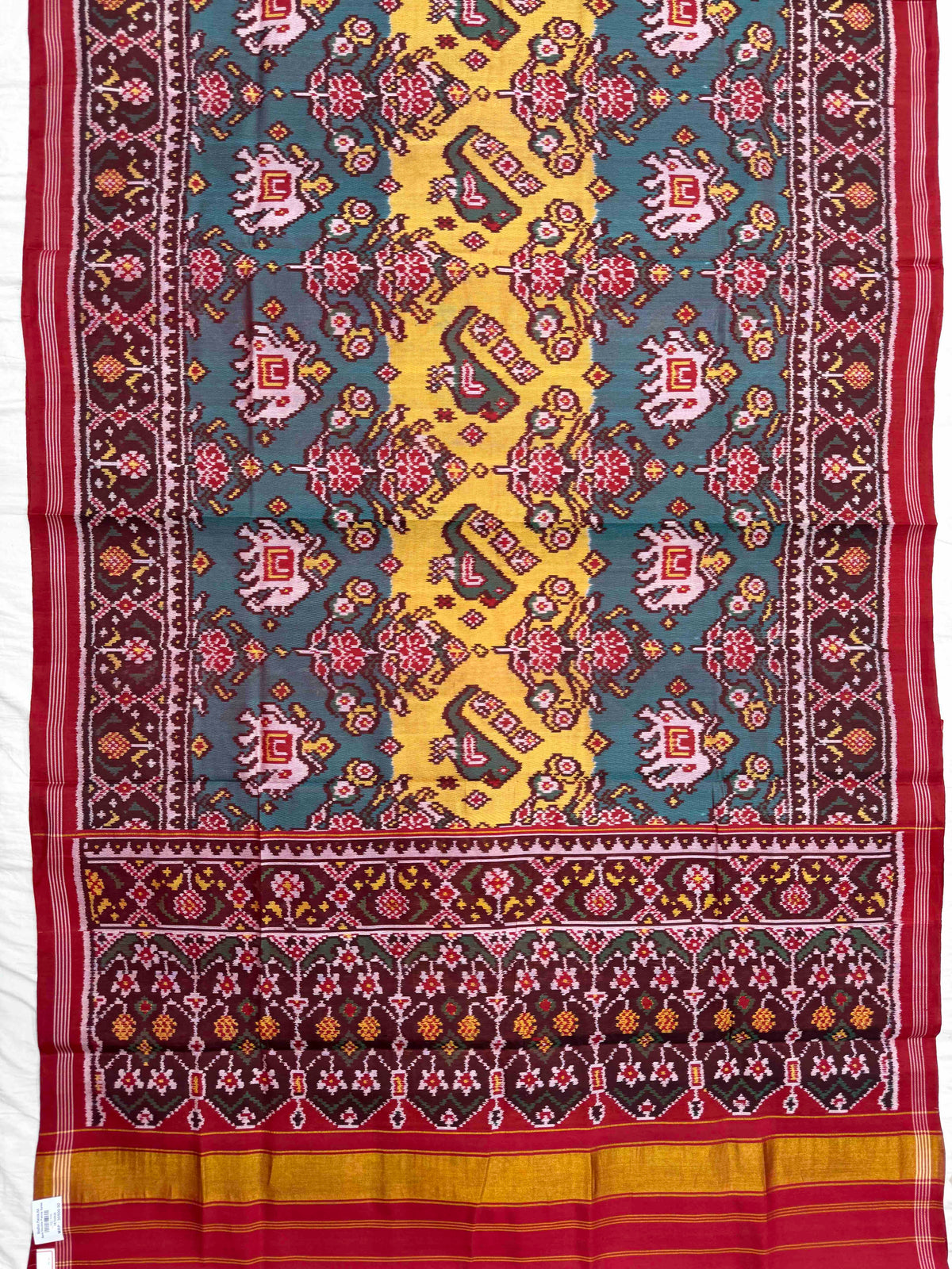 Red & Turquoise with Yellow Fancy Narikunj Single Ikat Patan Patola Saree