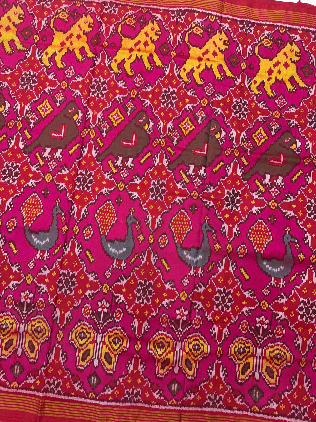 Red & Pink Big Figure Narikunj Chhabdi Single Ikat Patan Patola Saree