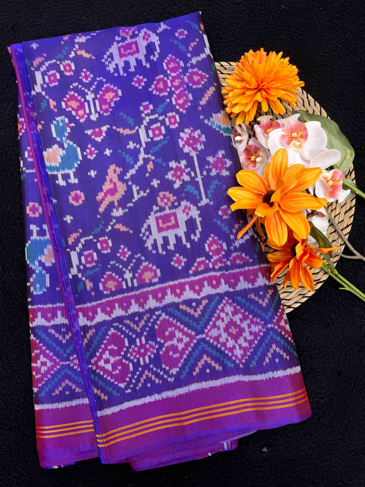 Purple Fancy Small Narikunj Flower Single Ikat Patan Patola Saree