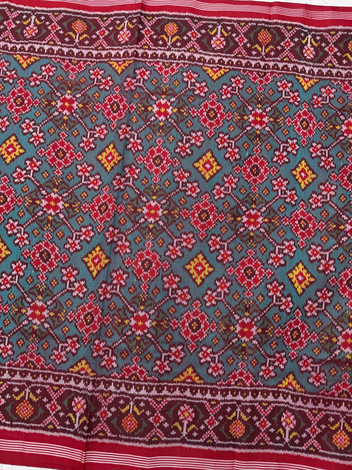 Red & Turquoise Navratan Single Ikat Patan Patola Saree