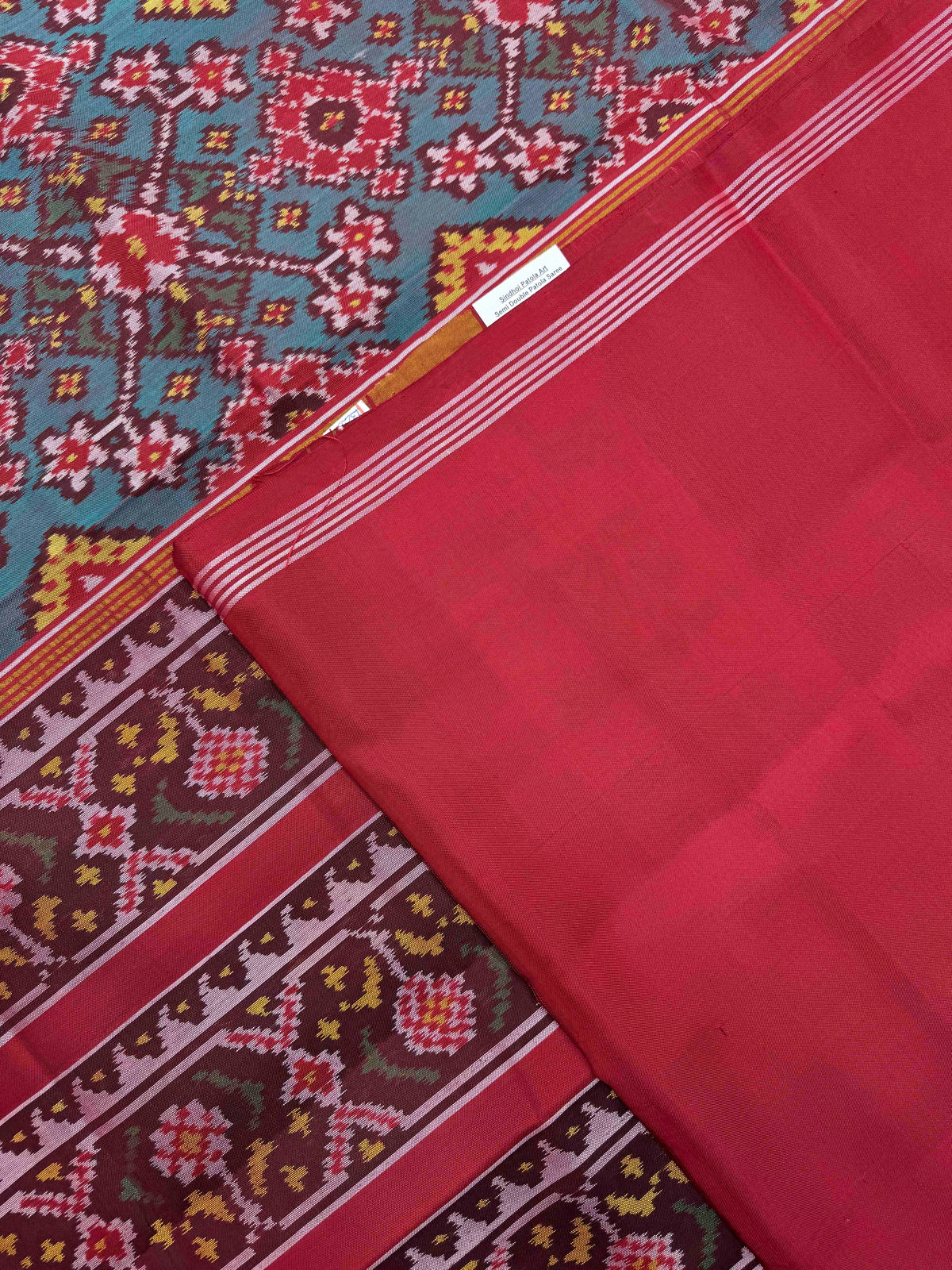 Red & Turquoise Navratan Single Ikat Patan Patola Saree