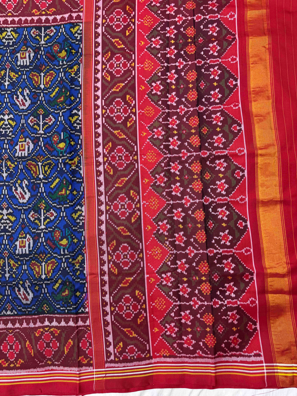 Red & Blue Fancy Narikunj Single Ikat Patan Patola Saree