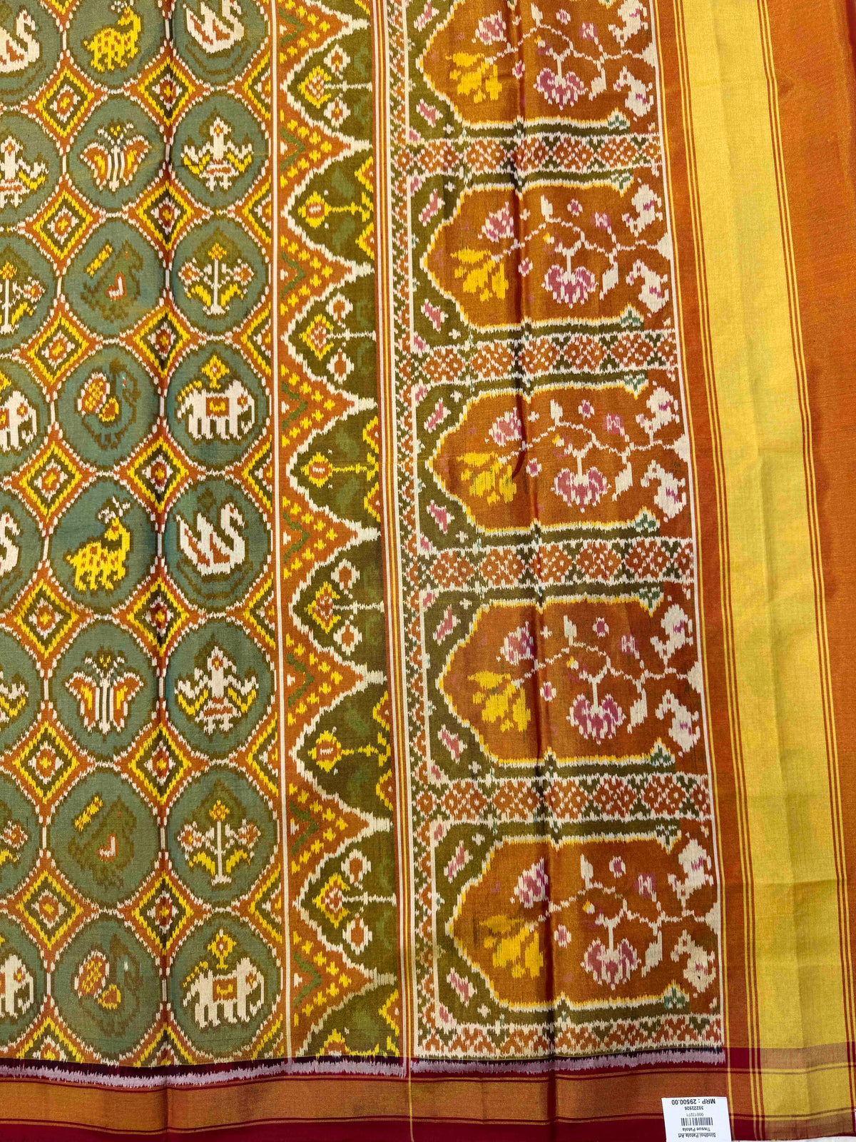 Red & Golden with Turquoise Small Narikunj Circle Tissue Patola Saree