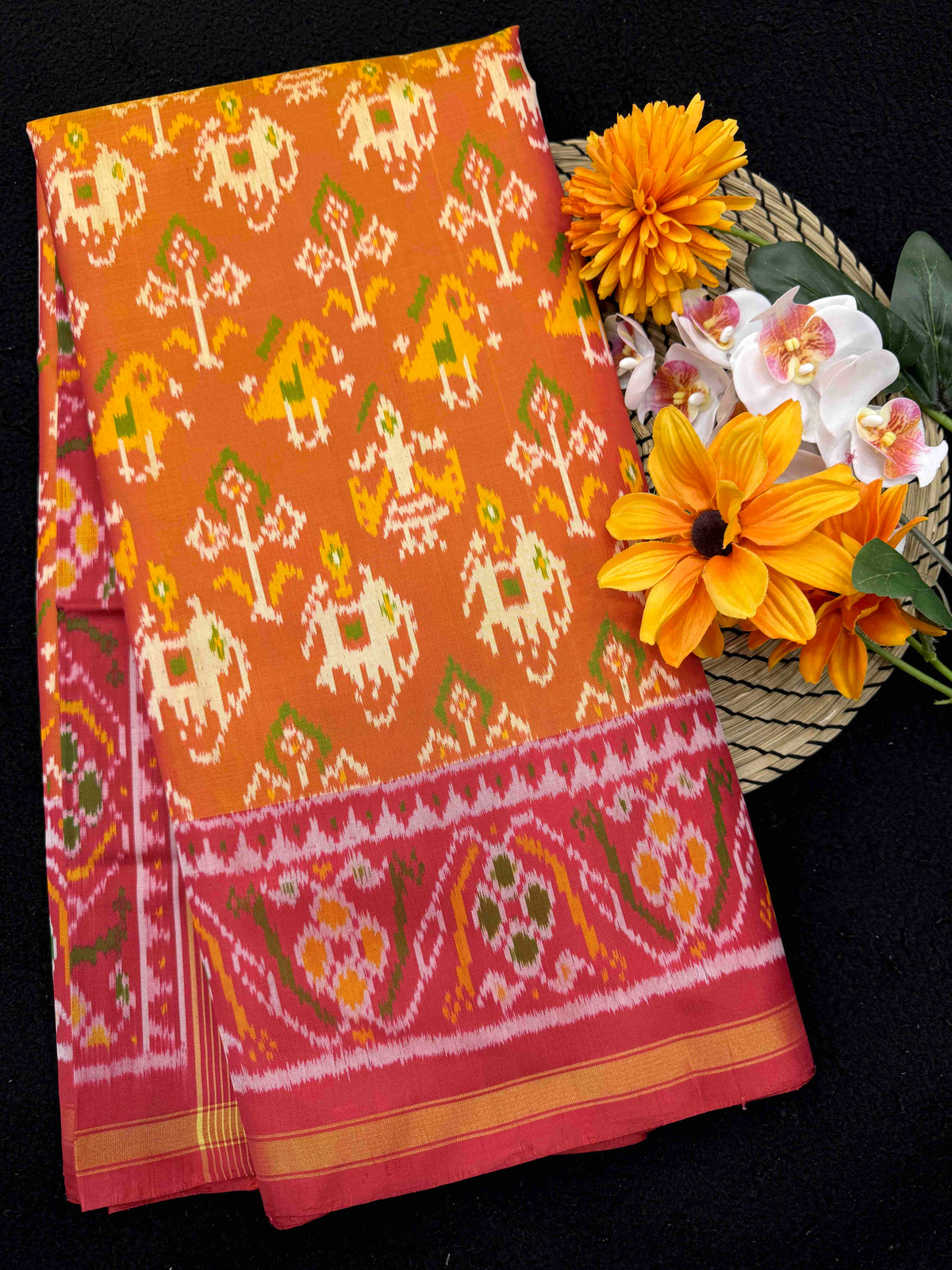 Maroon & Rust Yellow Small Narikunj Rajkot Patola Saree