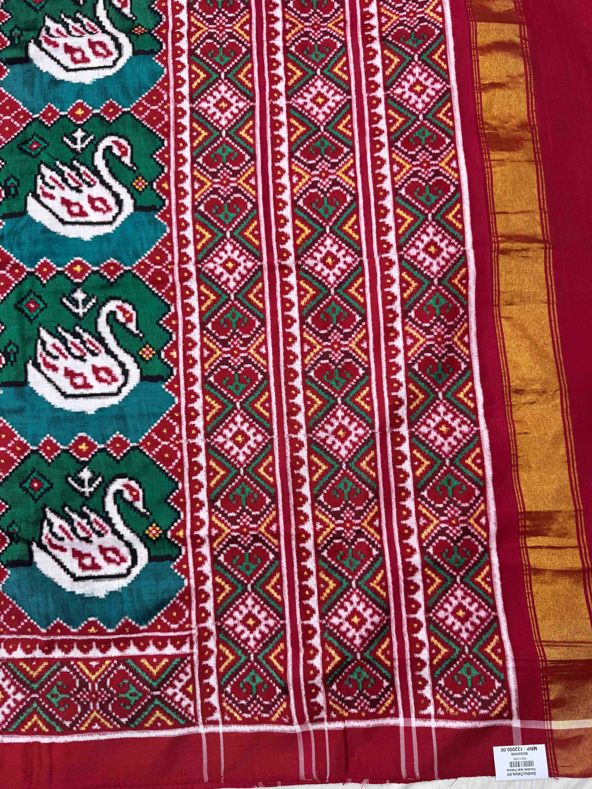 Red & Turquoise Big Figure Swan Double Ikat Patan Patola Saree